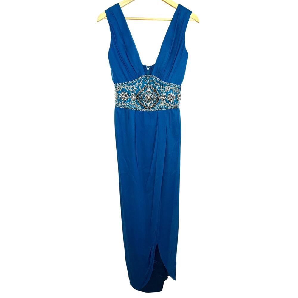 NWT Mandalay Turquoise Silk Beaded Embellished Maxi Evening Gown Dress Size 4